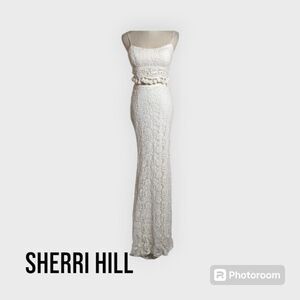 Sherri Hill White Crochet 2 Piece Maxi Dress Set